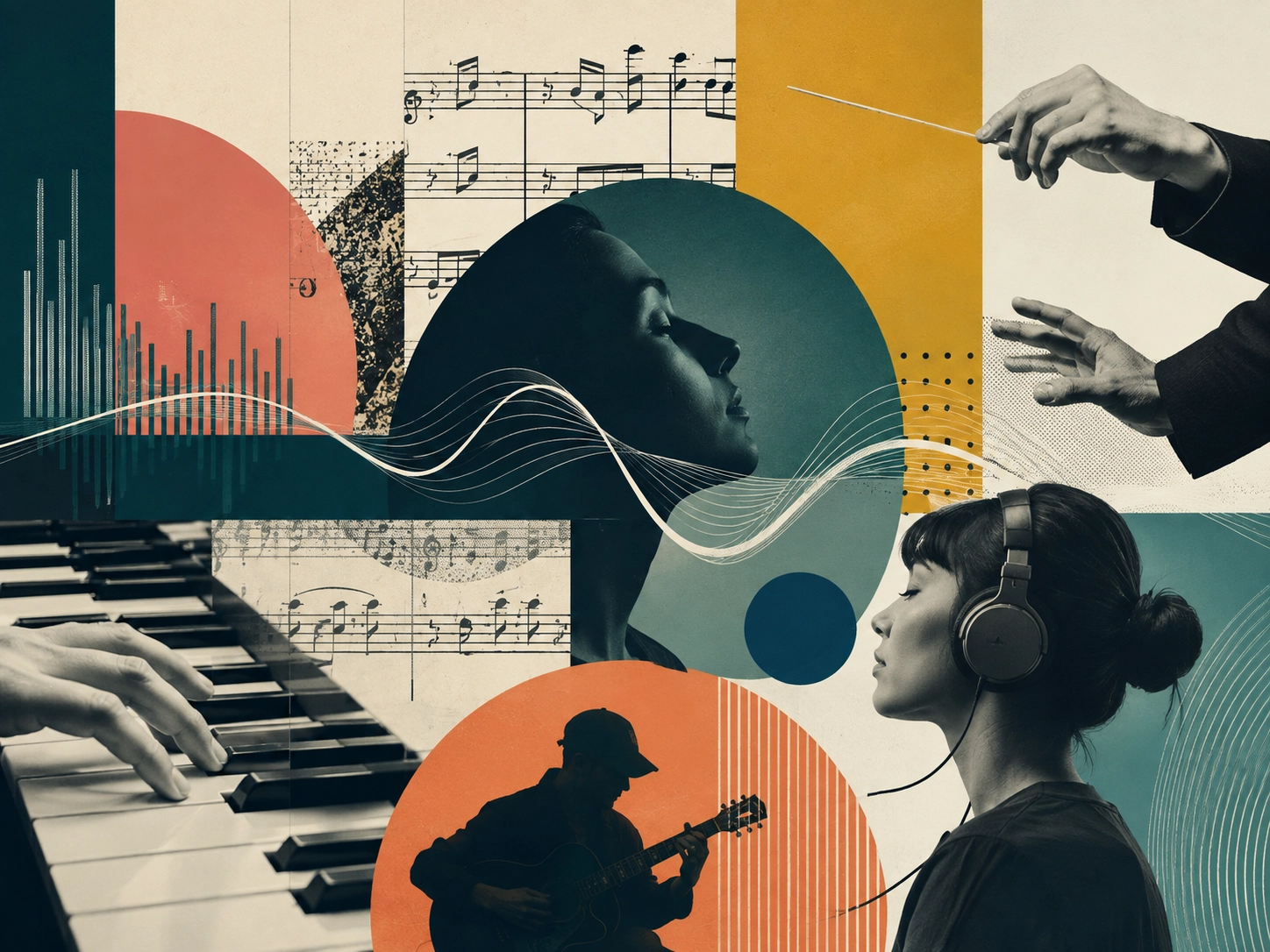 Collage musical amb piano, guitarra, partitura i persones escoltant música